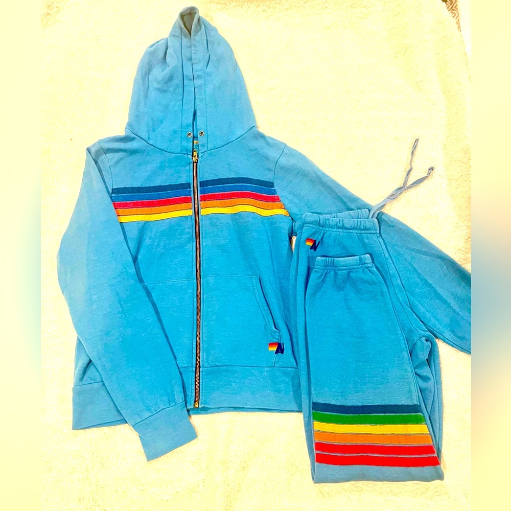 Aviator Nation Rainbow Stitch Hoodie and Sweatpants! Ocean Blue! Size Medium